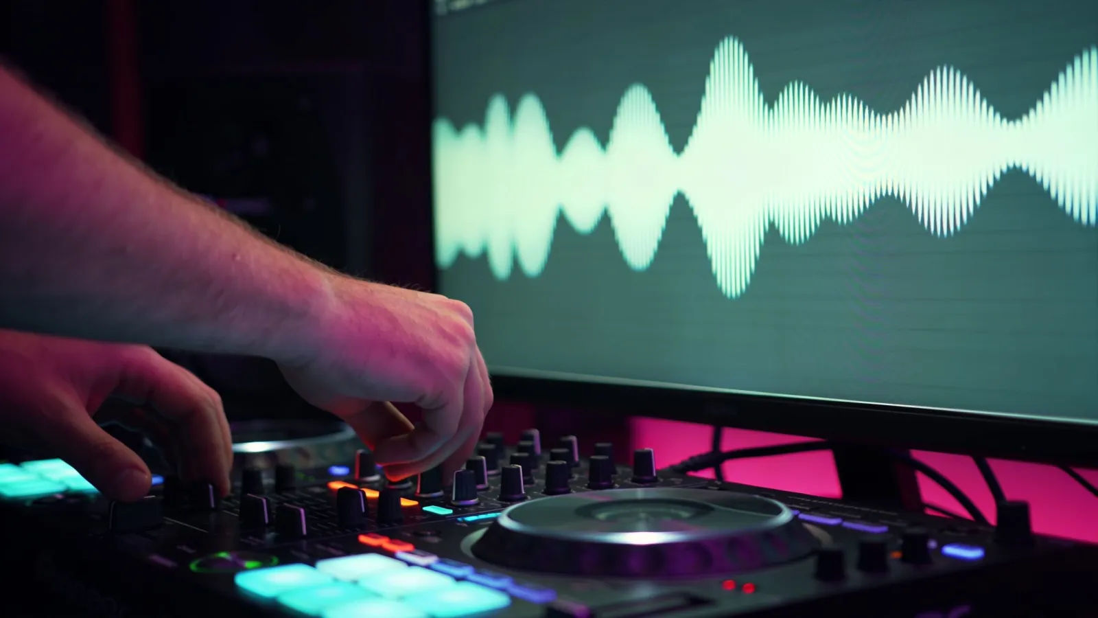 Hands at DJ-style console with smooth waveform