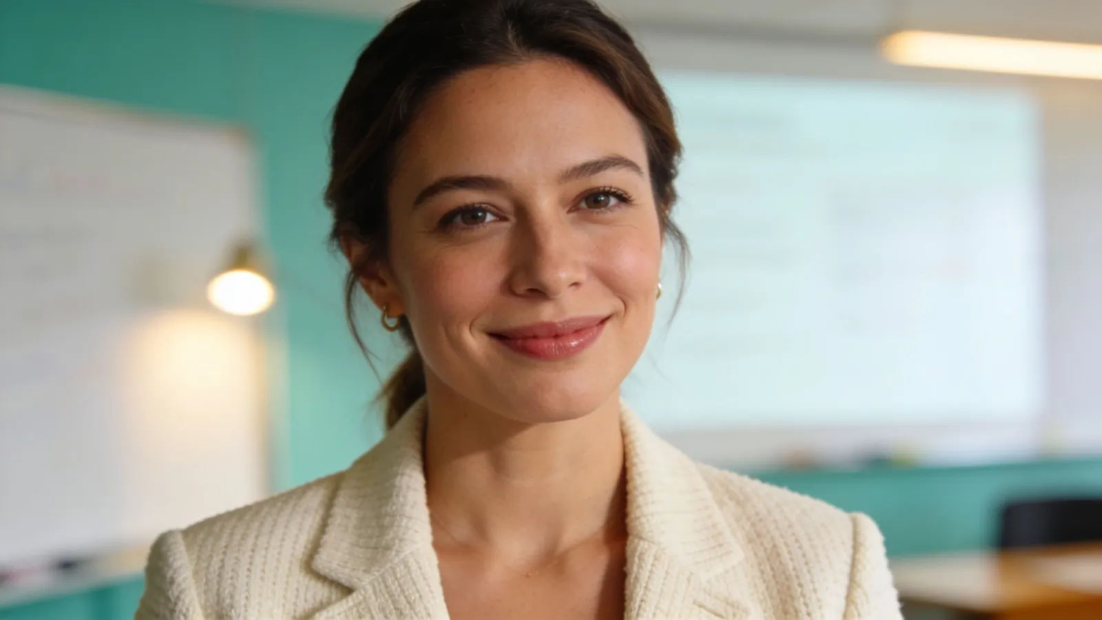 Warm instructor smiling in a training room