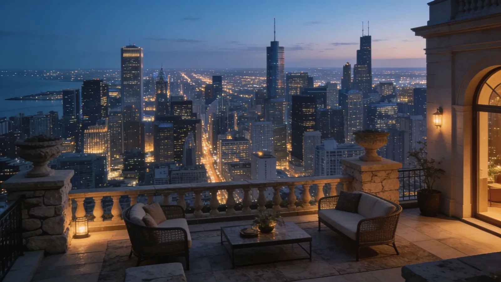 Luxury rooftop terrace at dusk over city skyline