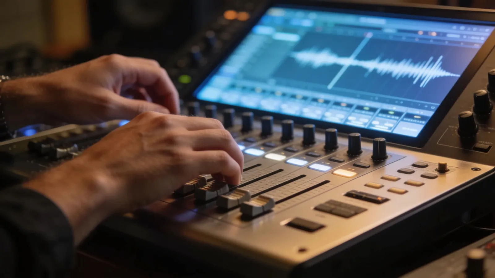 Hands at premium brushed metal audio console