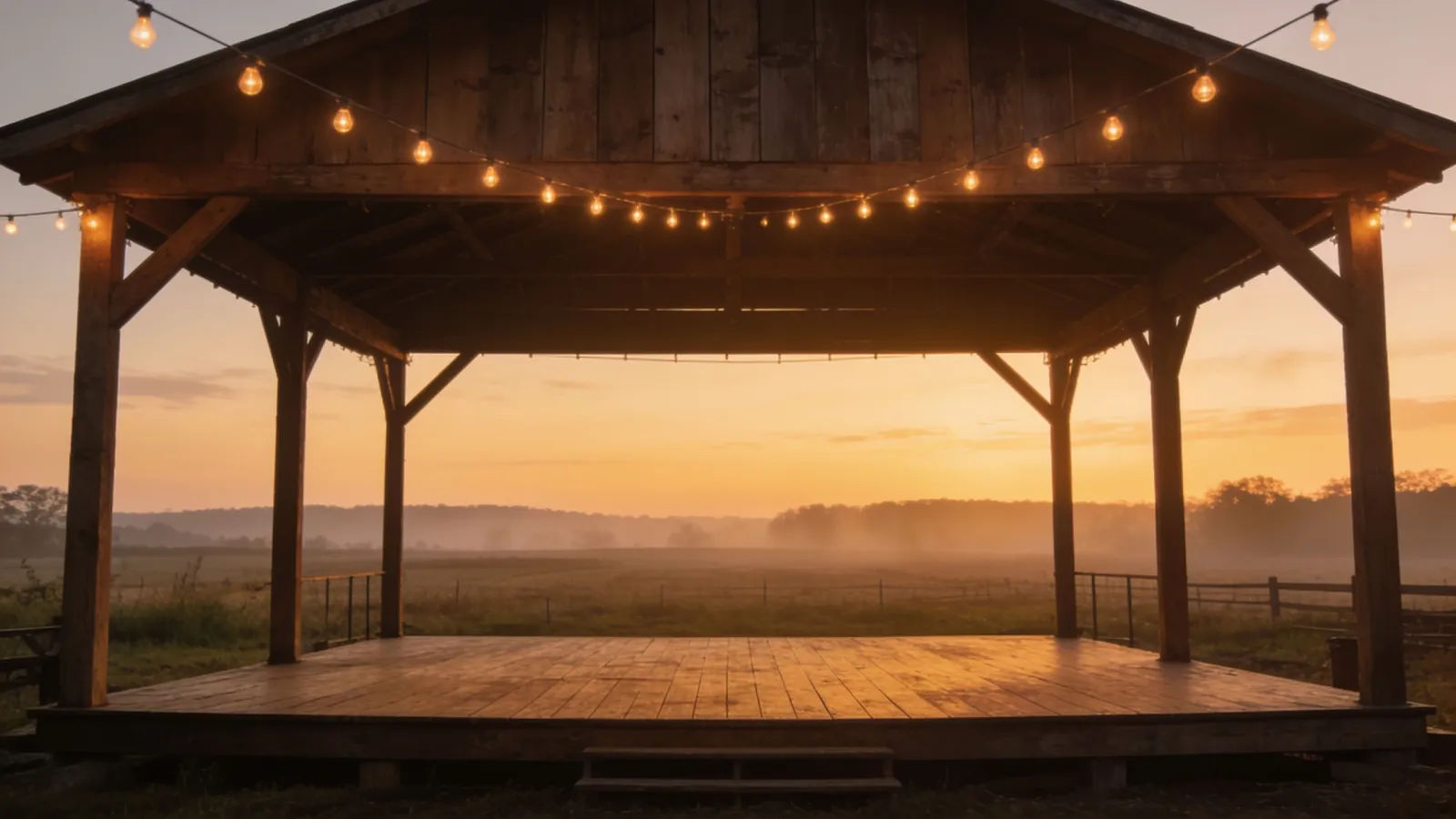 Rustic open-air stage at warm sunset