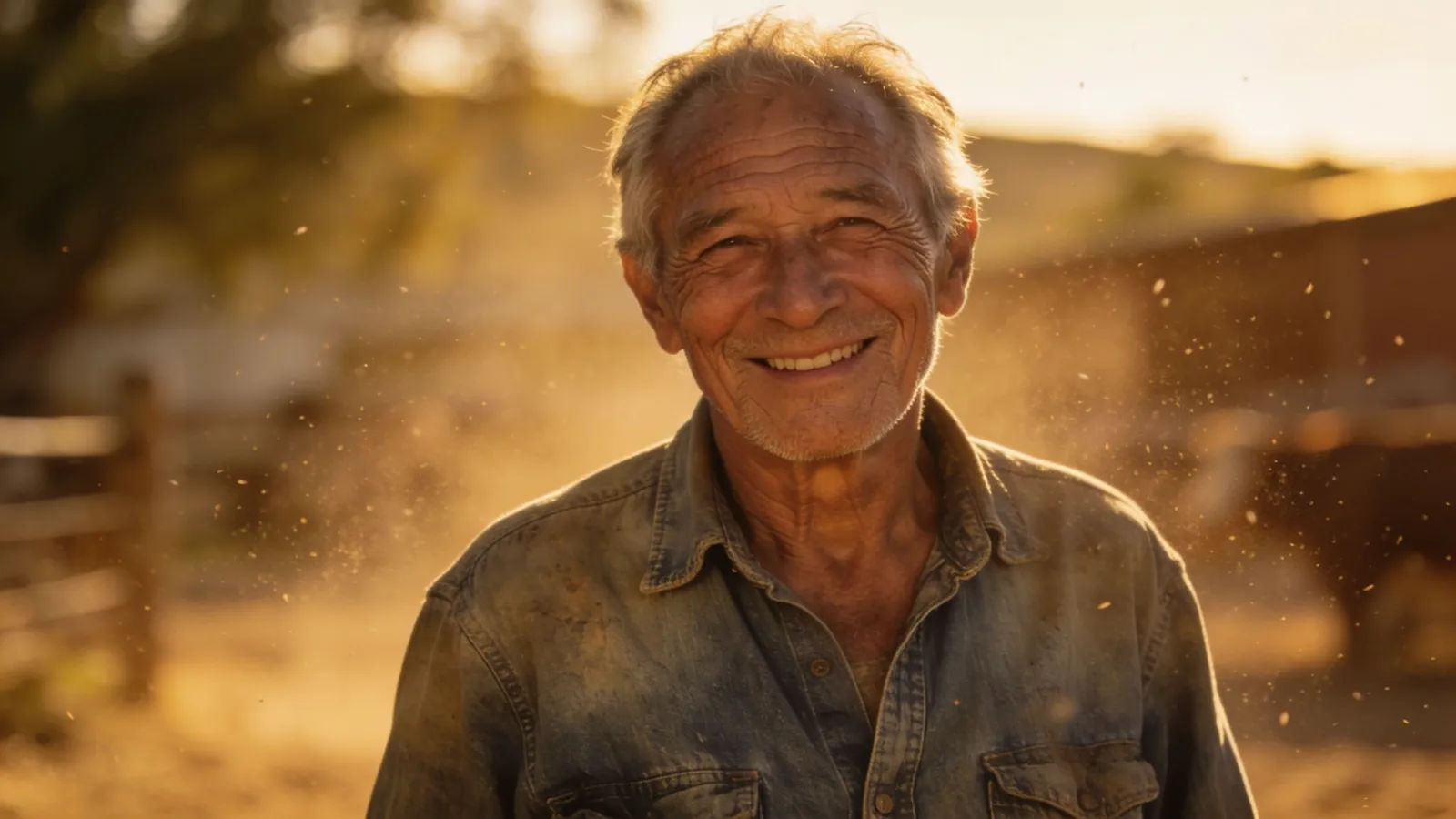 Weathered easygoing rural figure smiling in golden light
