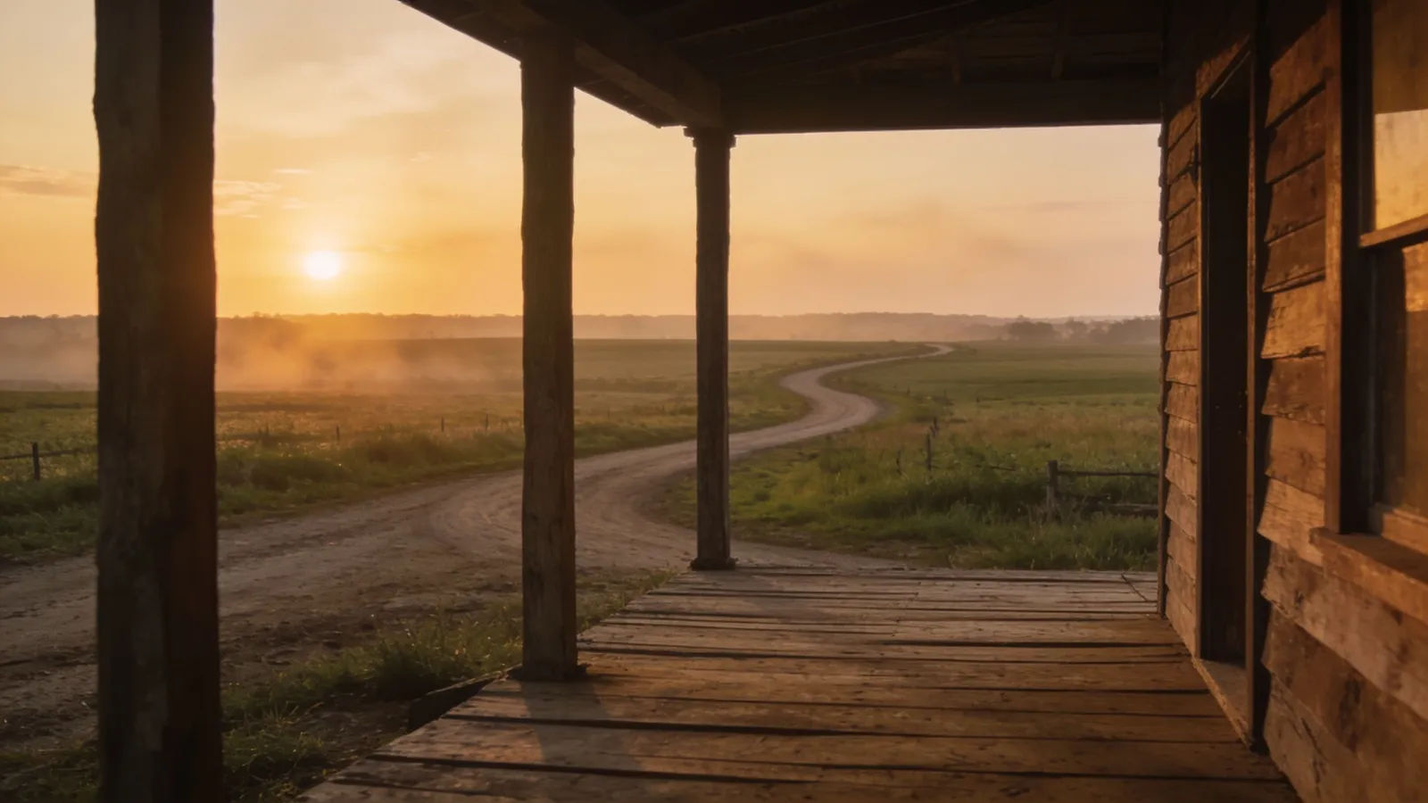 Rustic wooden porch over open fields at sunset