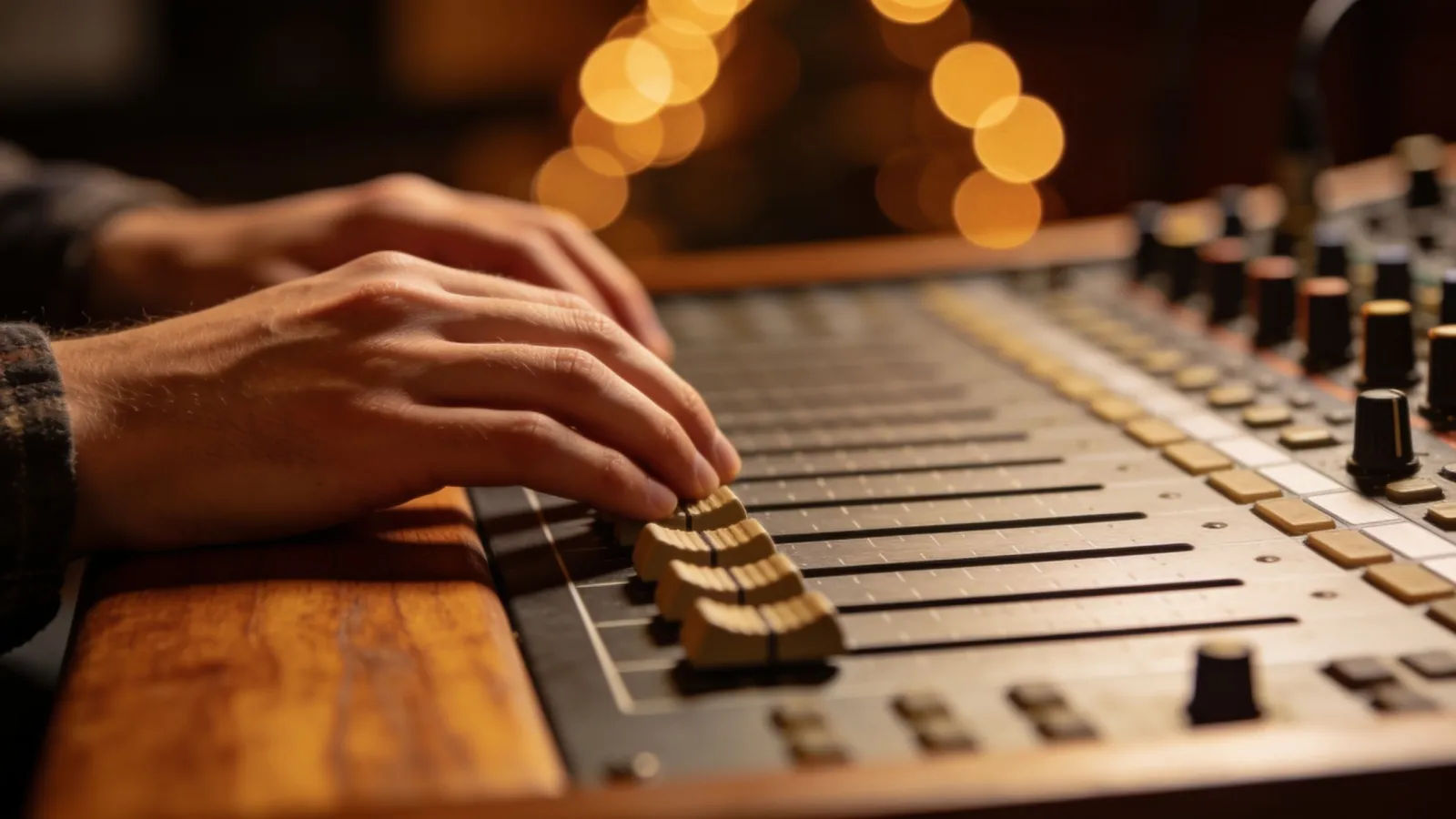 Hands on a warm wood recording desk
