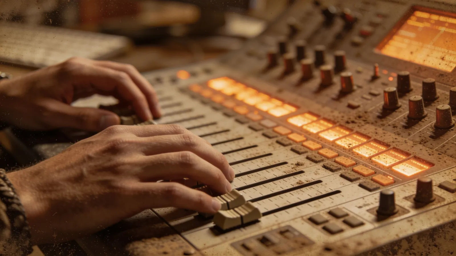 Hands at a dusty amber-lit audio console