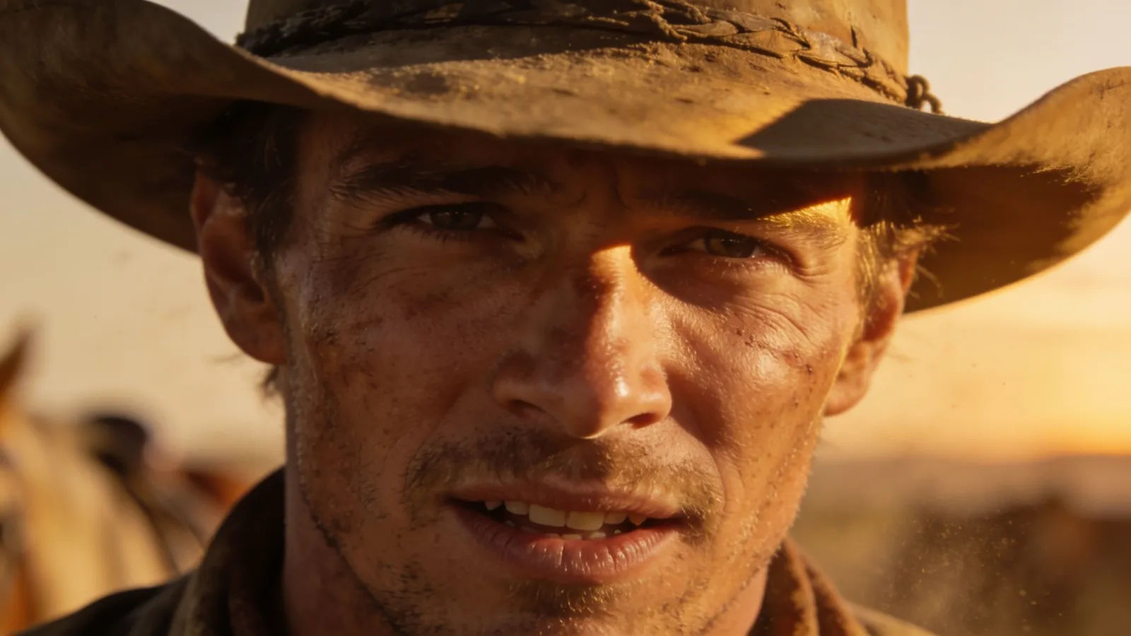 Spirited ranch hand in wide-brim hat, dusty backlight