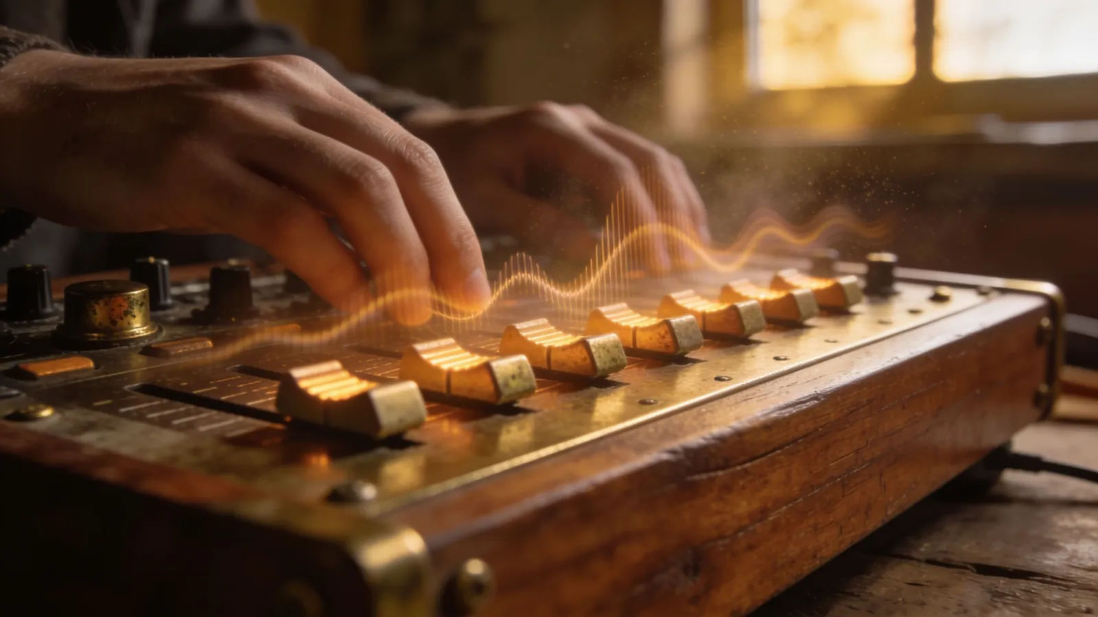 Hands at rustic wood-and-brass audio console