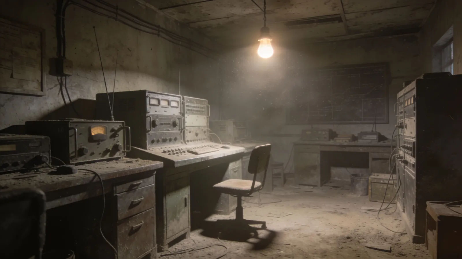 Dusty abandoned radio room under single flickering bulb