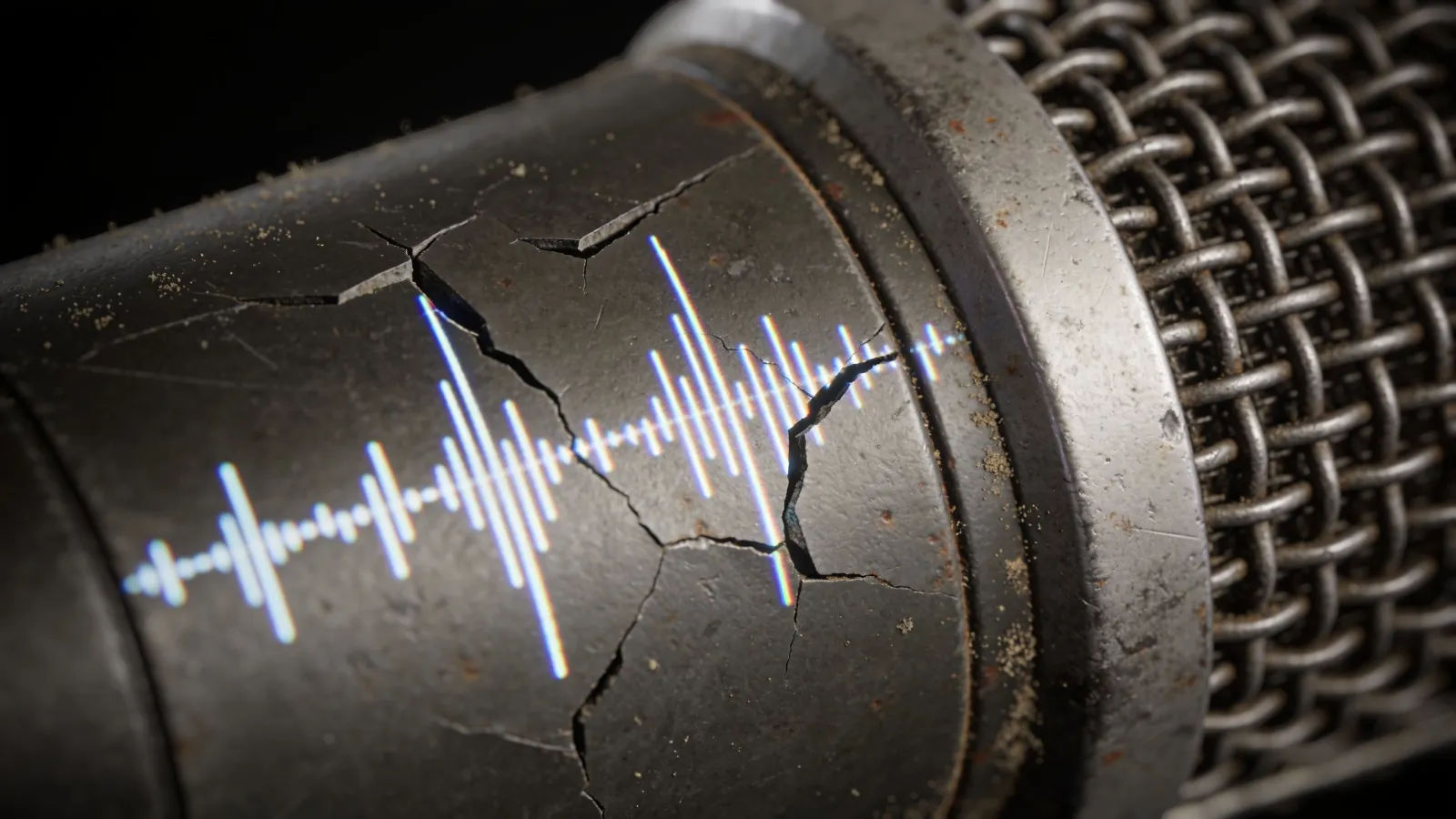 Broken staticky waveform flickering off battered vintage microphone