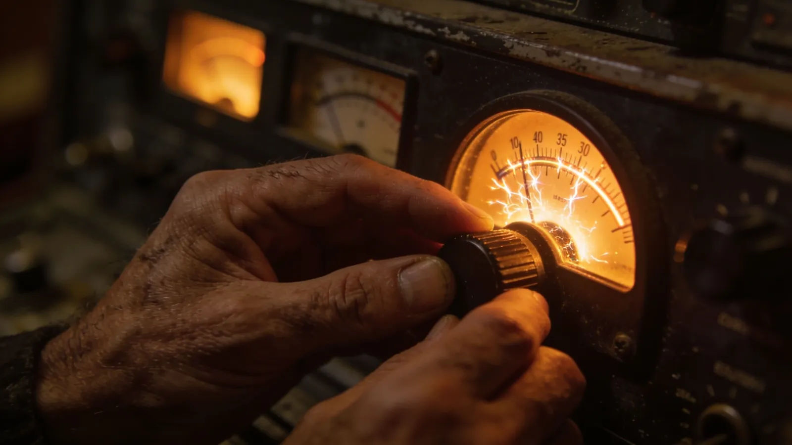 Weathered hands at aged analog console, dim amber