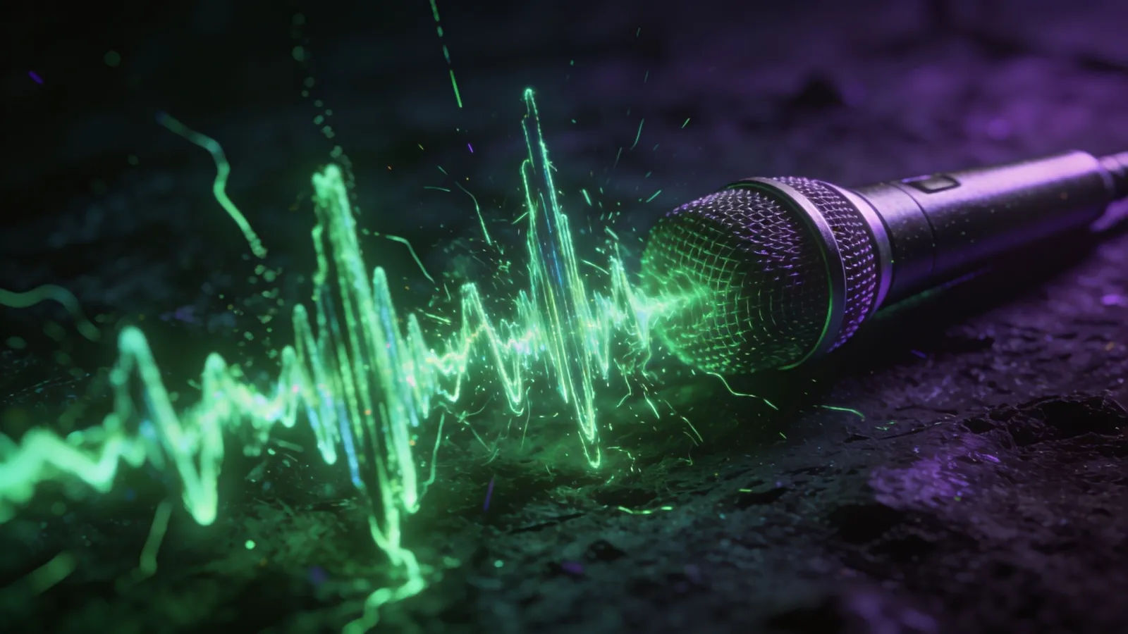 Frantic jagged waveform spiking beside a microphone