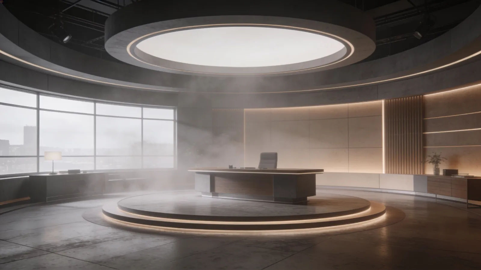 Clean modern broadcast explainer set, soft light