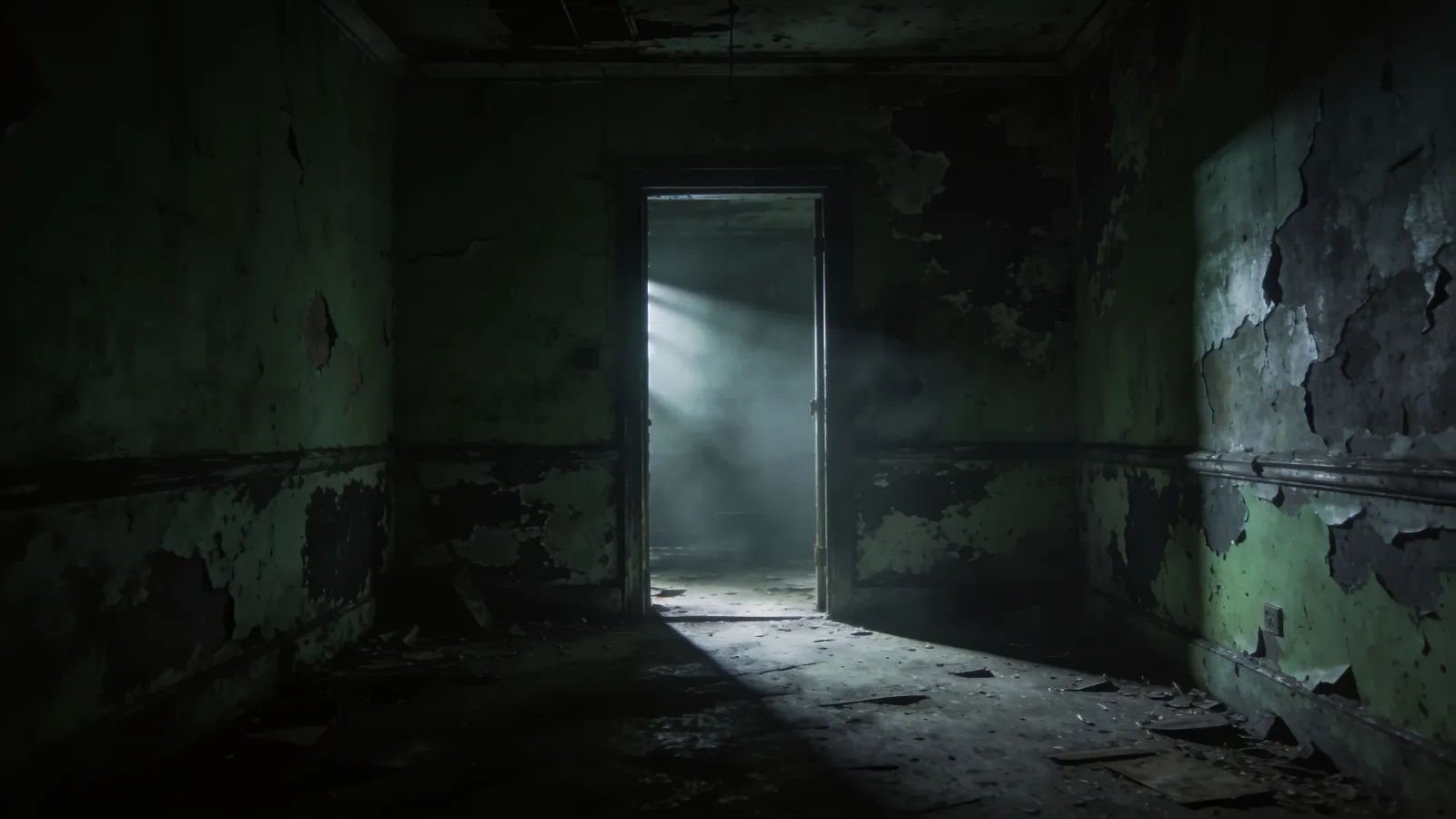 Dim abandoned haunted interior with cold light