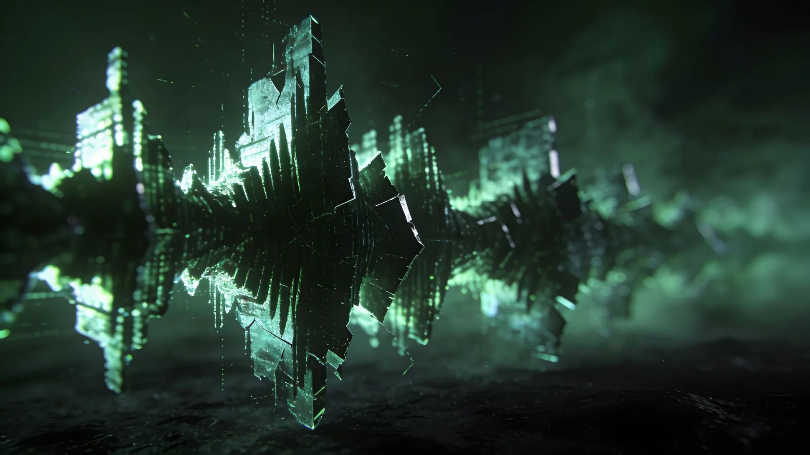Cold distorted sickly green glitching waveform