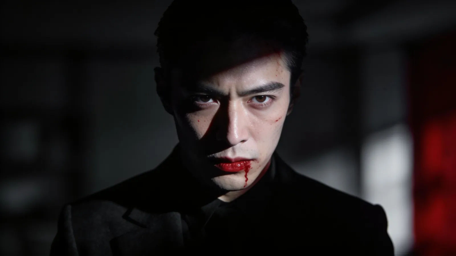 Sharply-dressed shadowy figure half-lit with cold menace