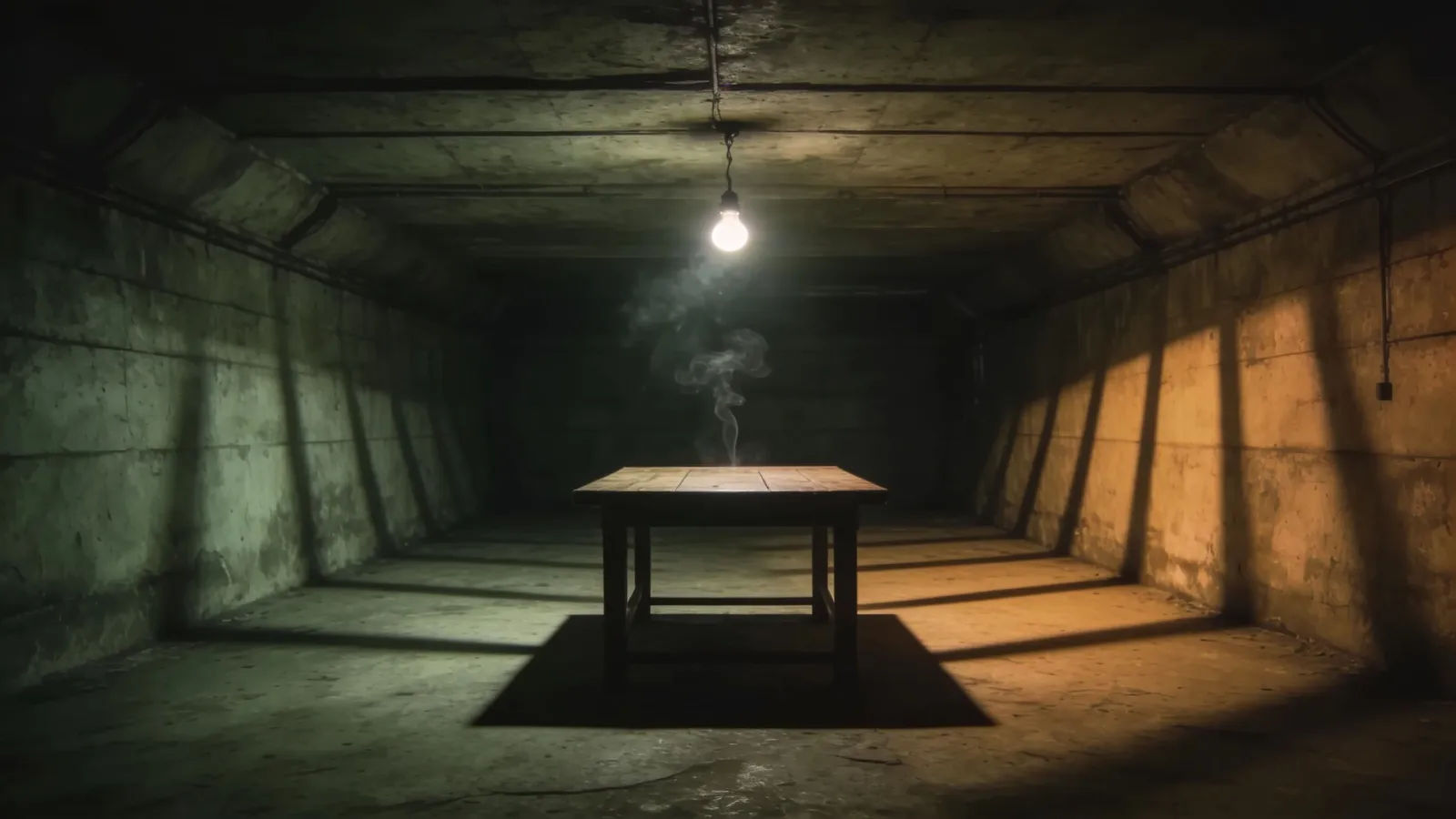 Dim underground room, bare bulb over empty table