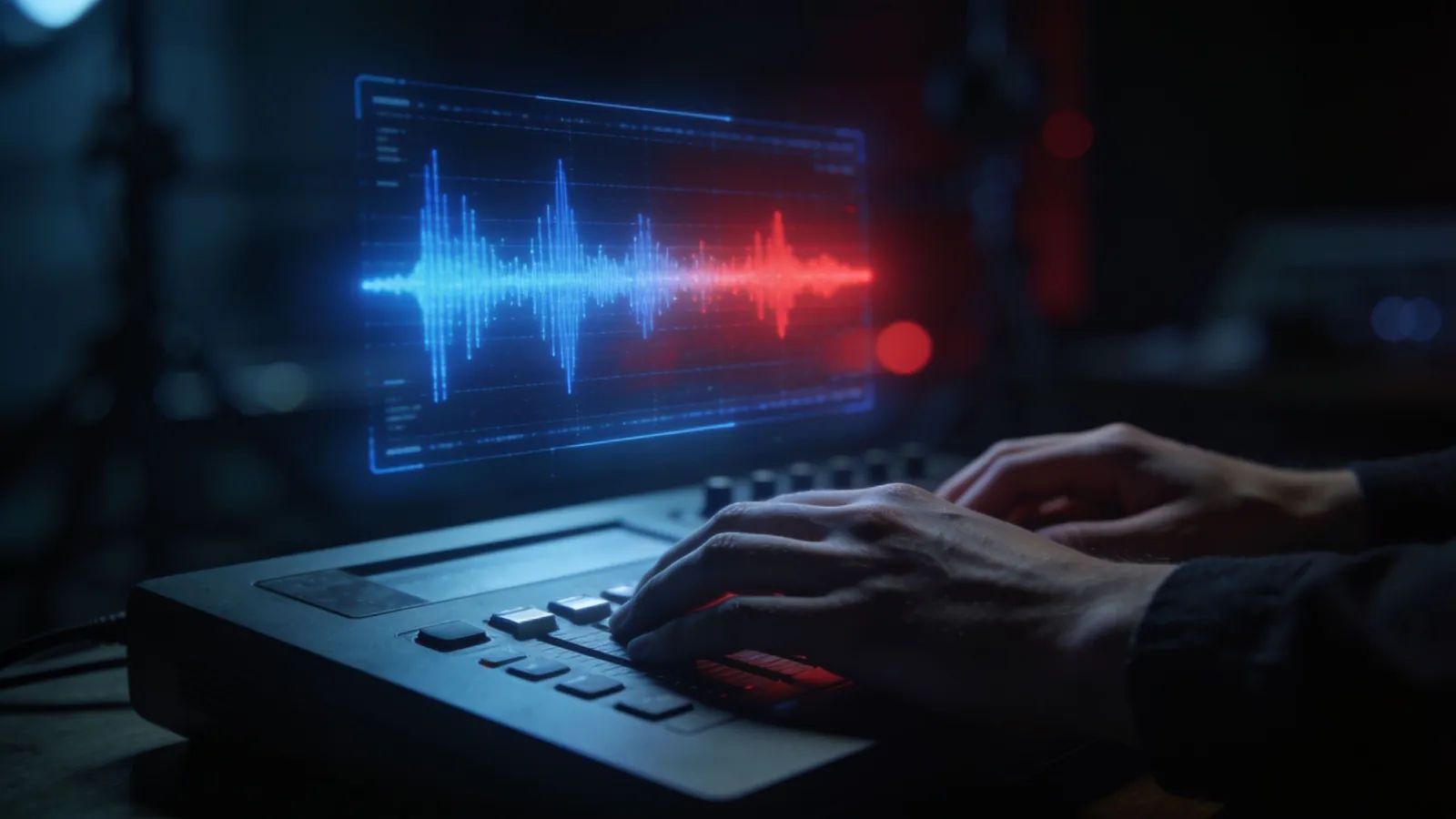 Hands on a dim console with blue-red waveform