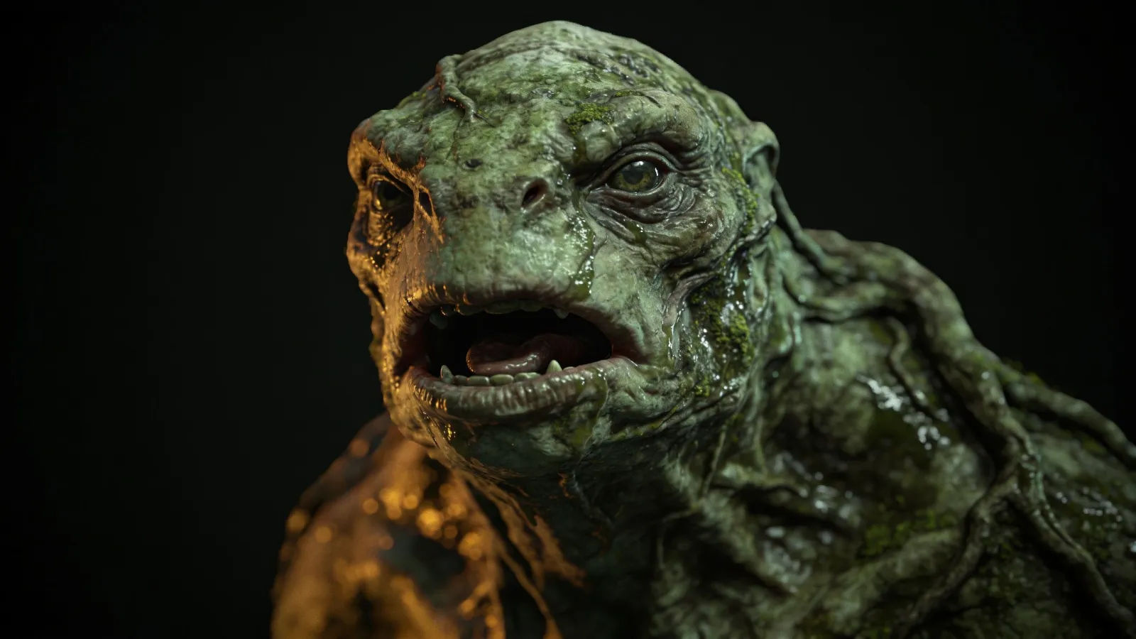 Weathered swamp-creature portrait in moody green light