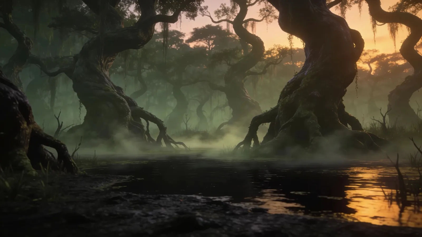 Misty swamp bog at dusk
