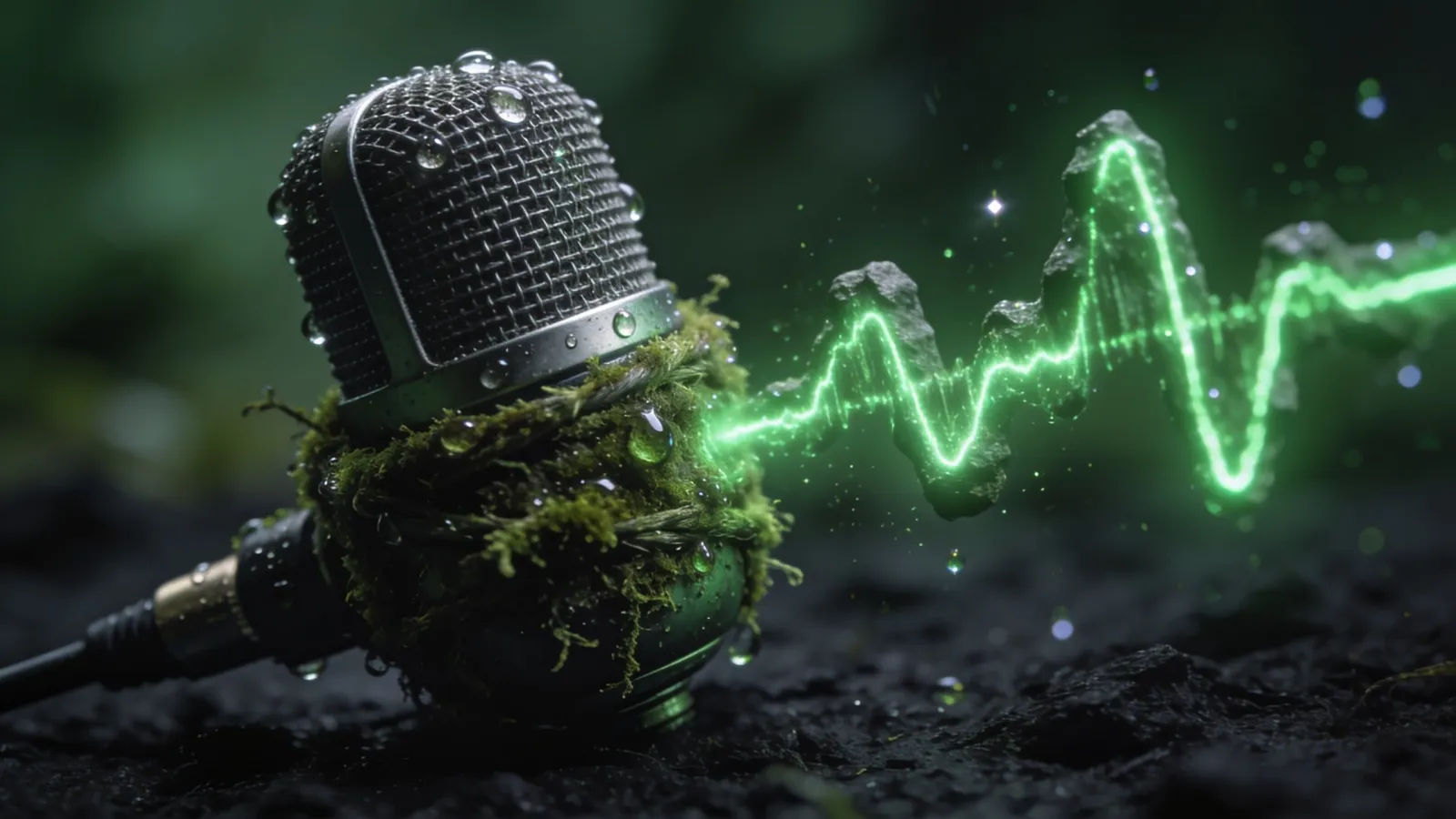 Mossy microphone with glowing green waveform