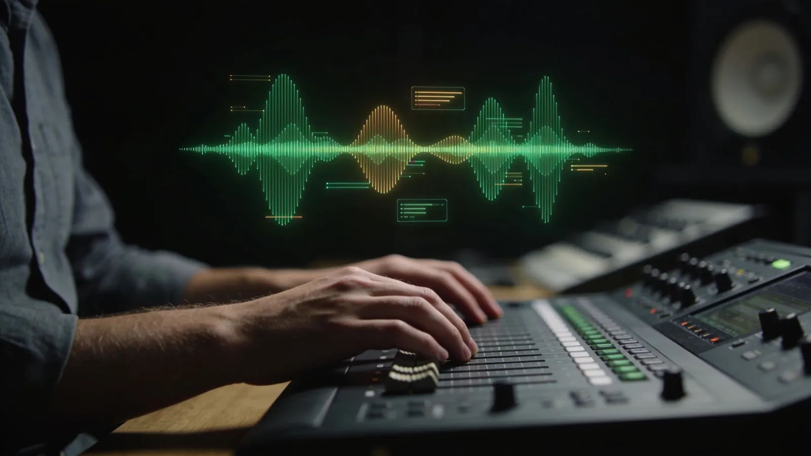 Hands at console with green audio interface