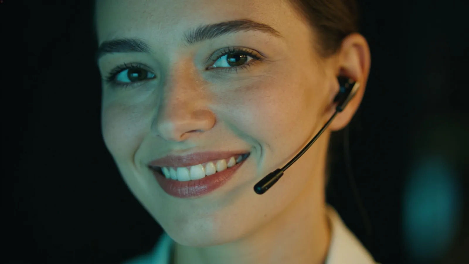 Warm customer support host wearing a headset