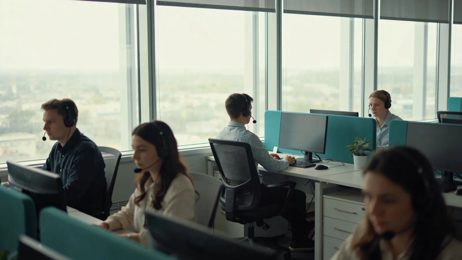 Calm modern customer support workspace with headsets