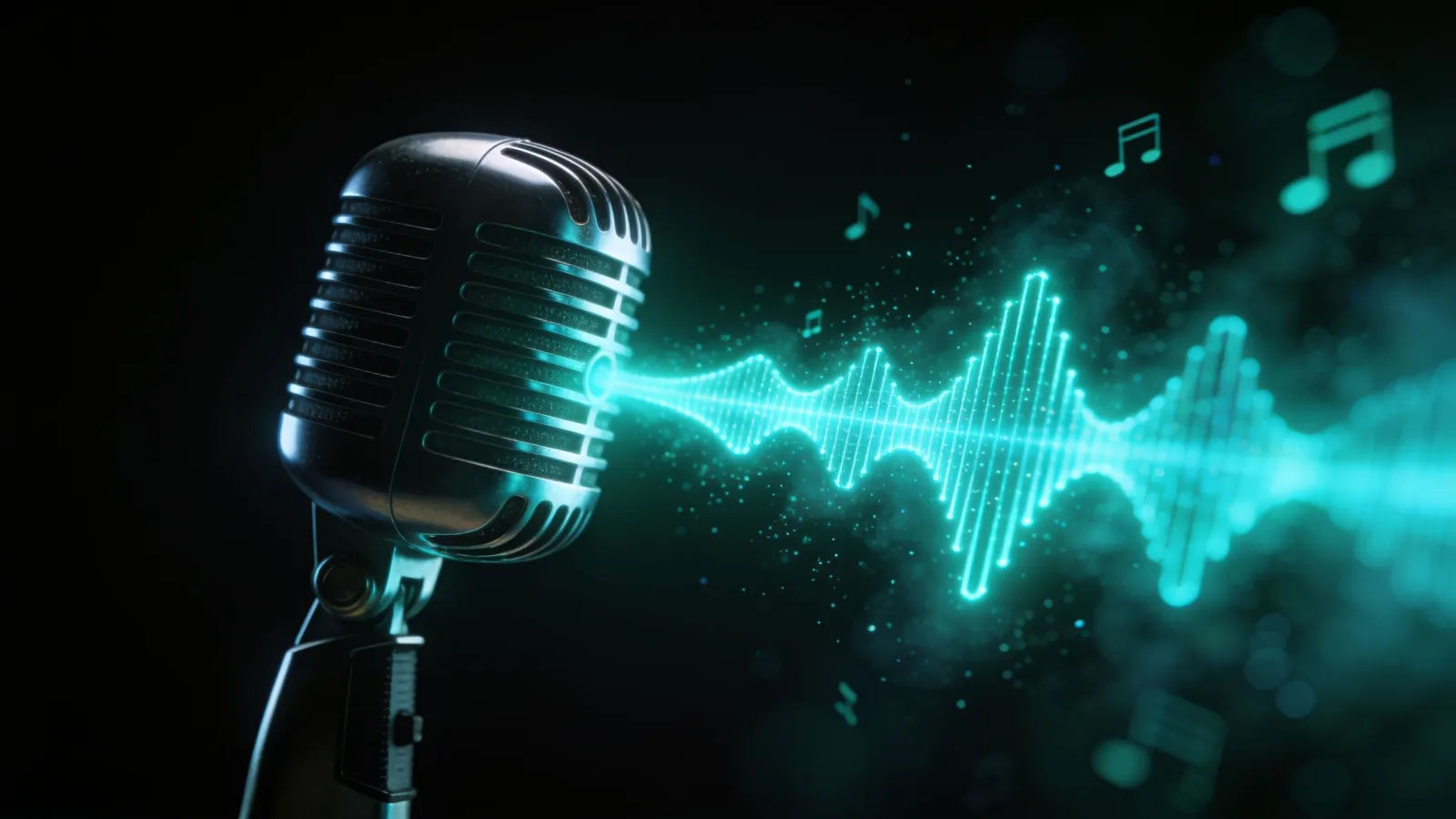 Studio microphone with glowing speech waveform