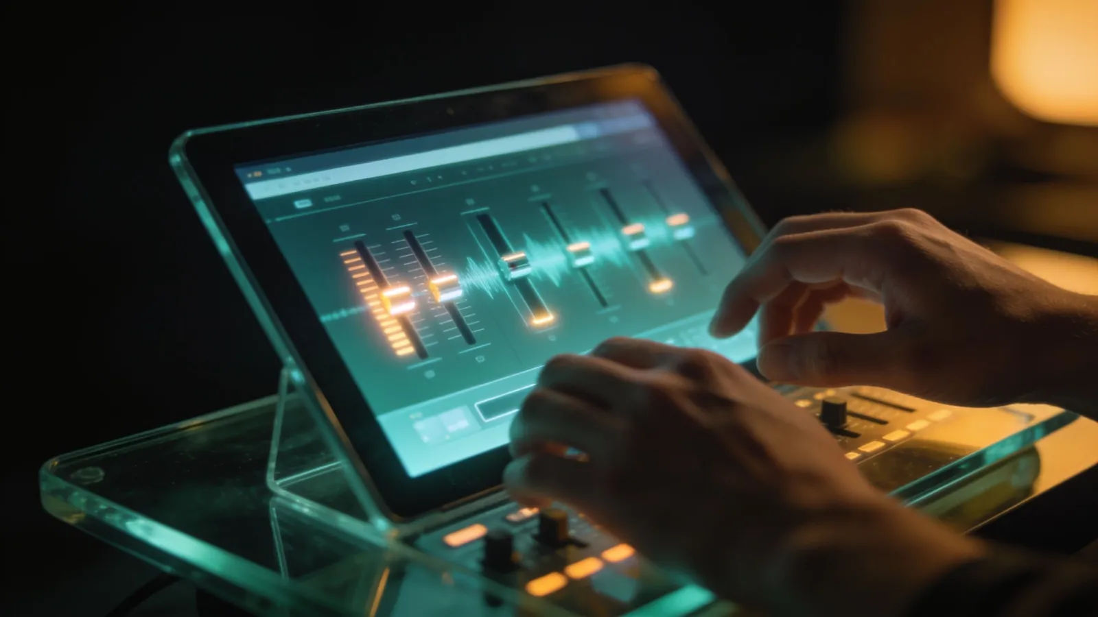 Hands at console with glowing audio interface