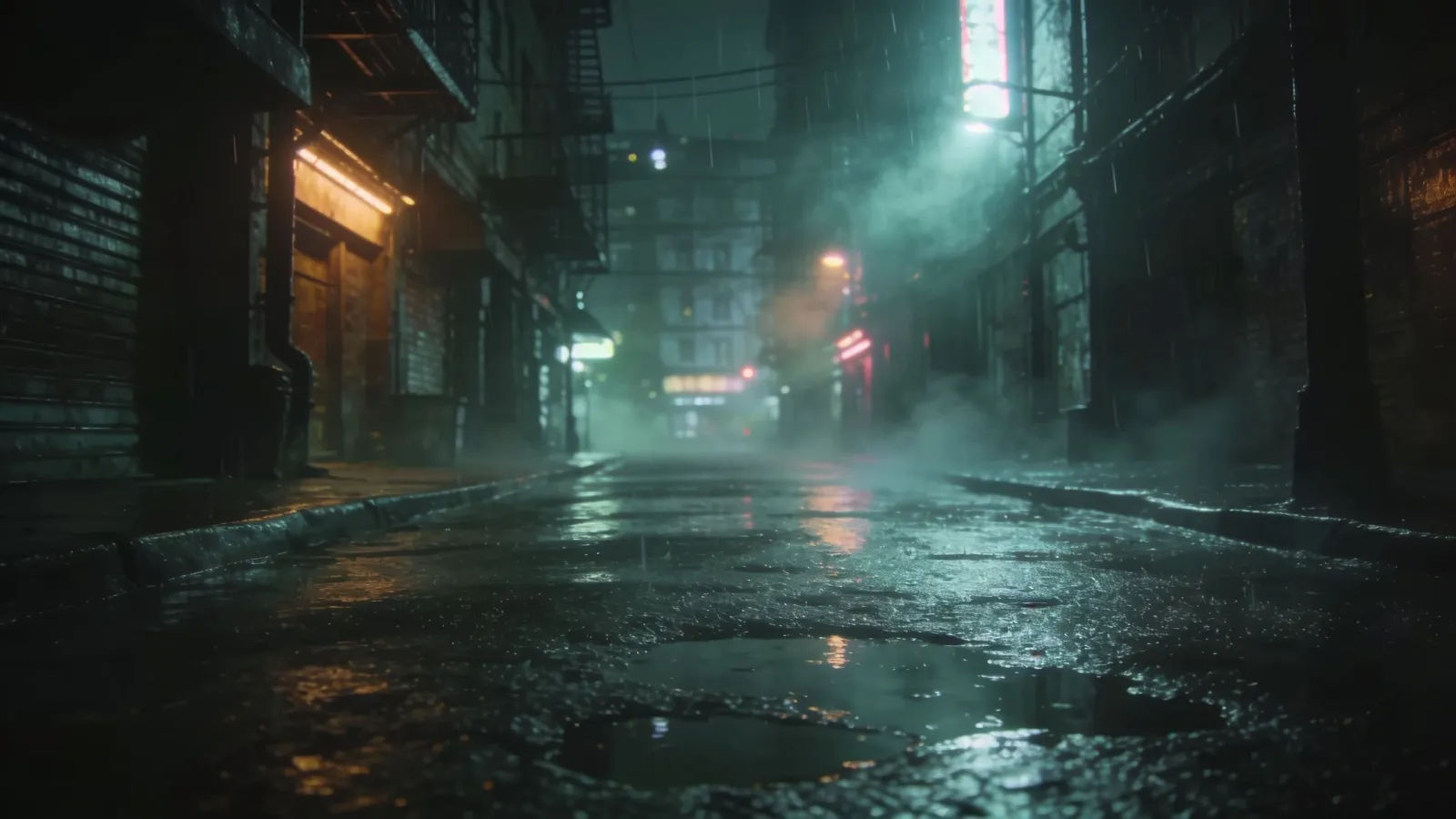 Rain-slicked noir city street at night