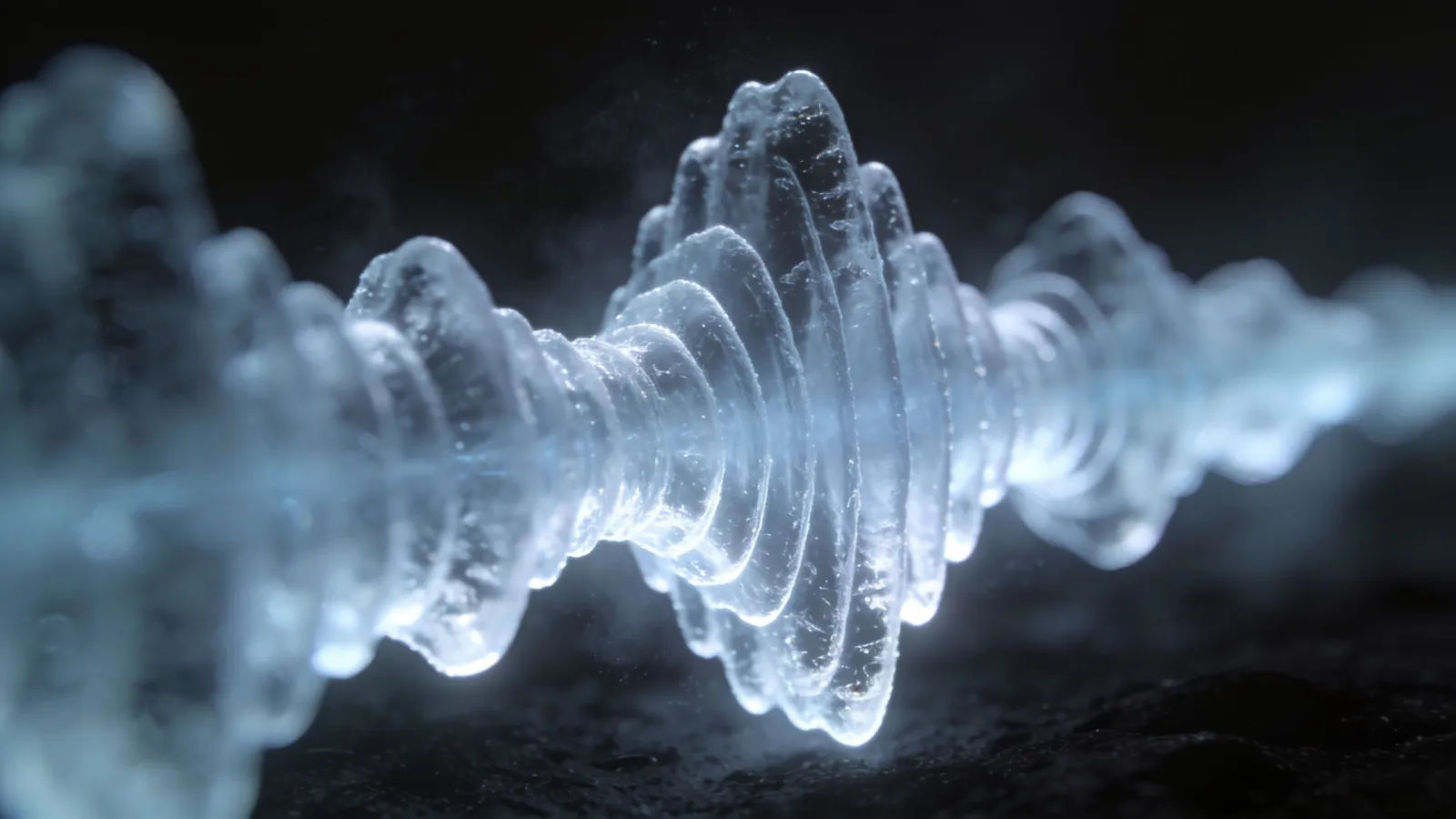 Cold grey-blue glowing audio waveform