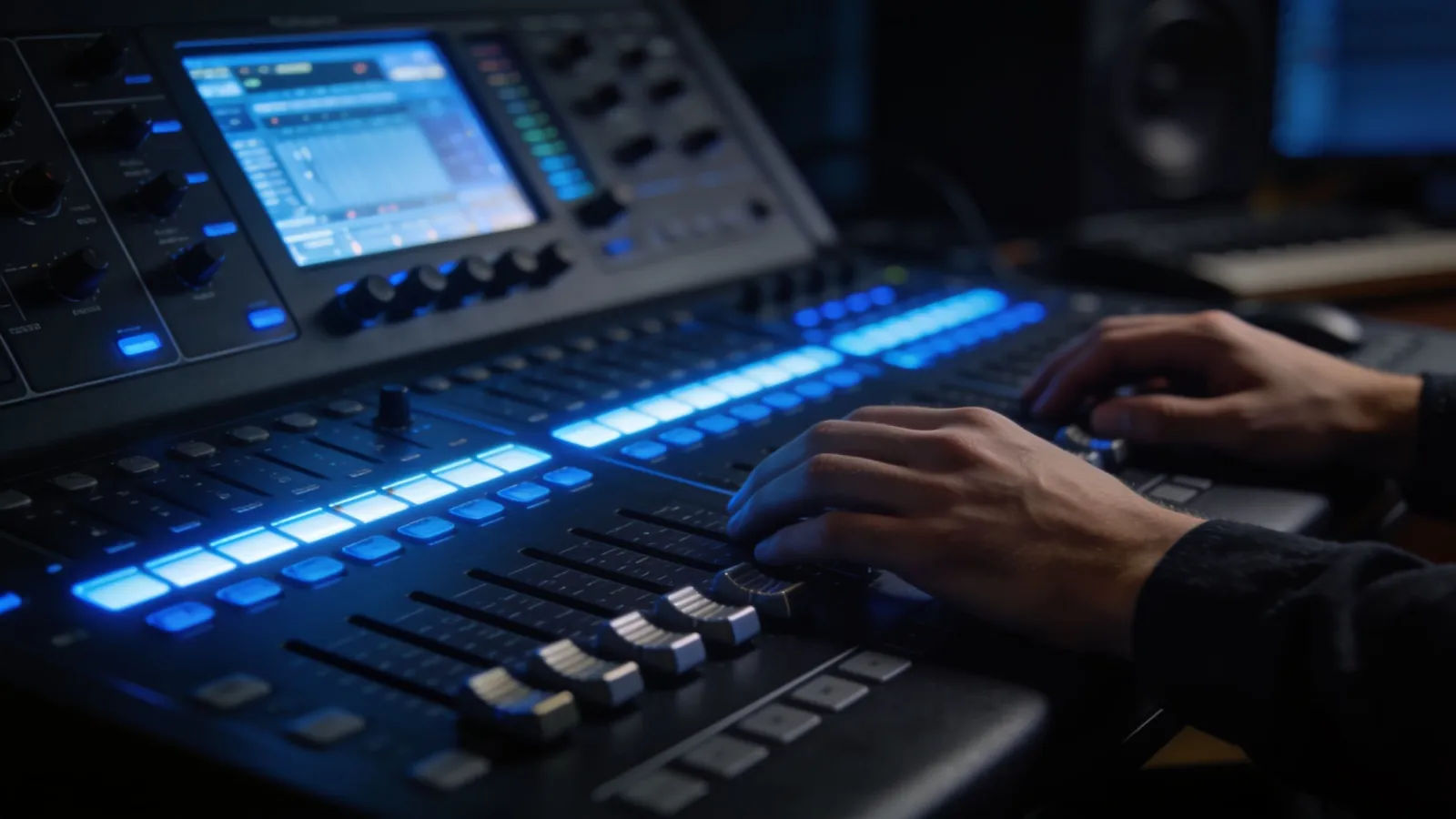 Hands on dim studio console