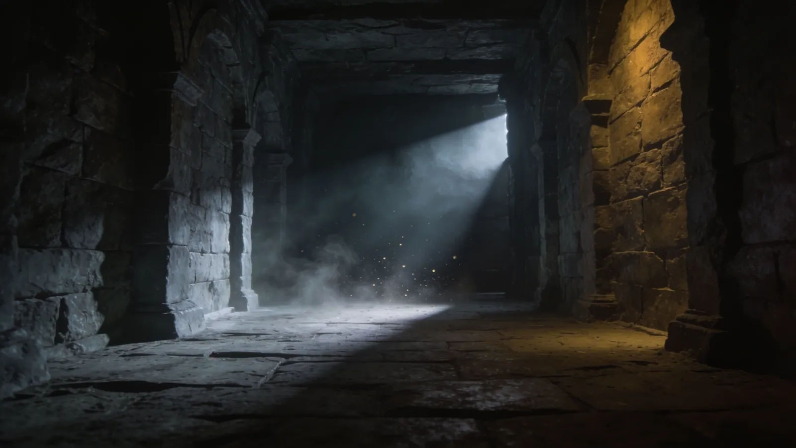 Dim empty stone corridor with cold light shaft