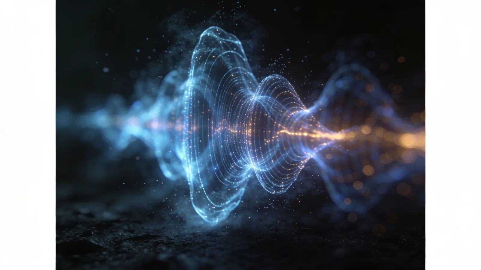 Glowing translucent sound waveform in dark haze