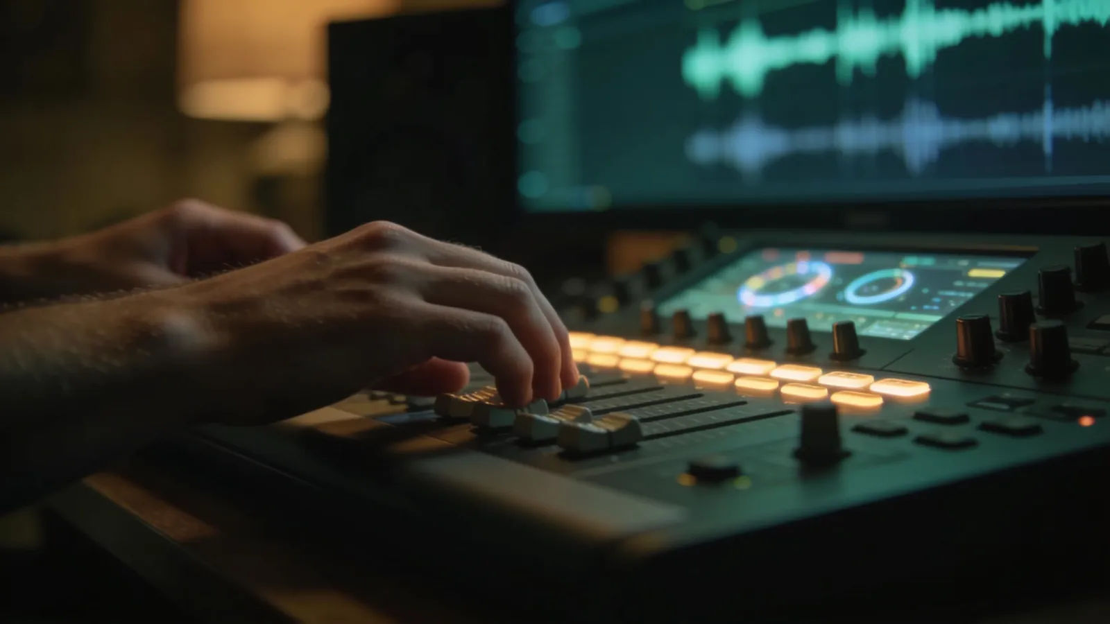 Hands at studio console with glowing audio interface