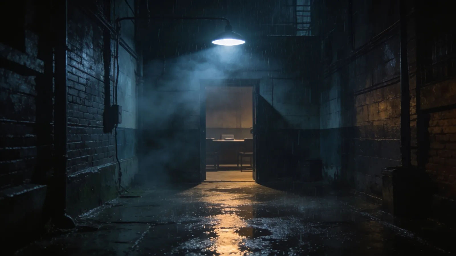 Noir rain-slicked thriller alley at night