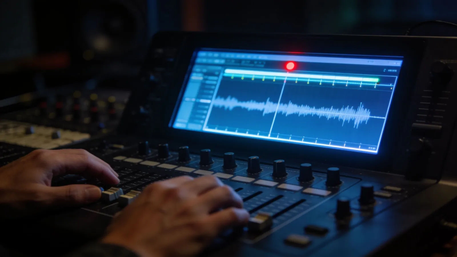 Hands at dark audio console screen