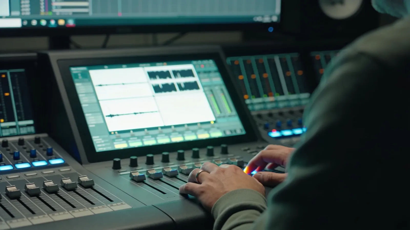 Hands at audio console directing a voice