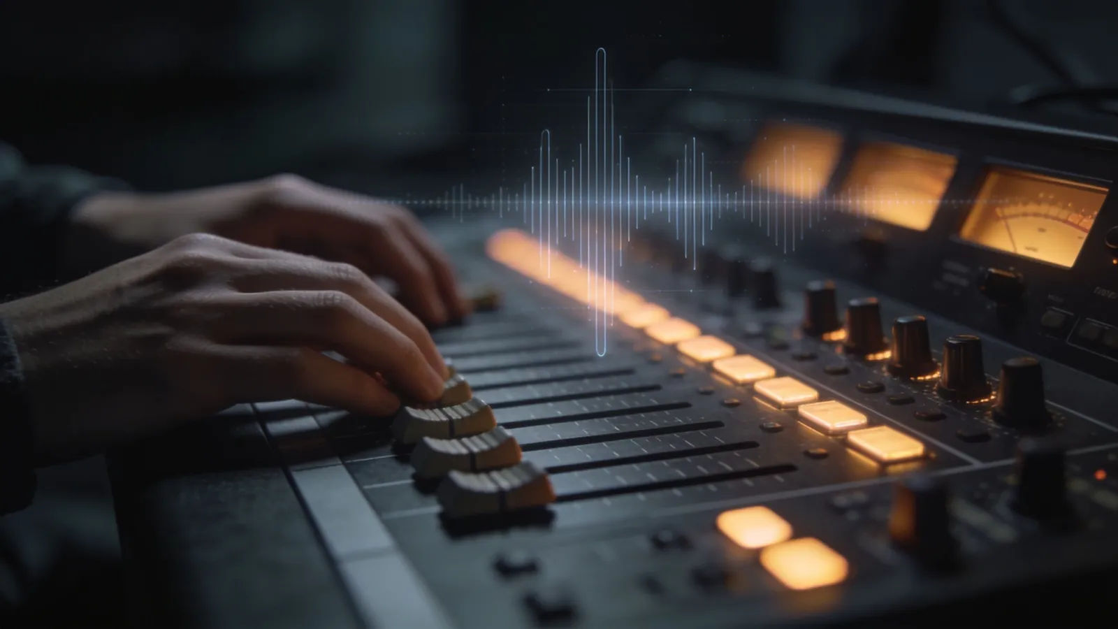 Hands on mixing console with amber waveform UI