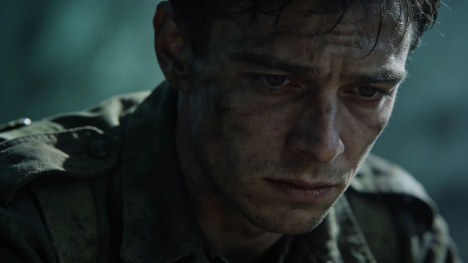 Weary broken soldier with hollow, drained expression
