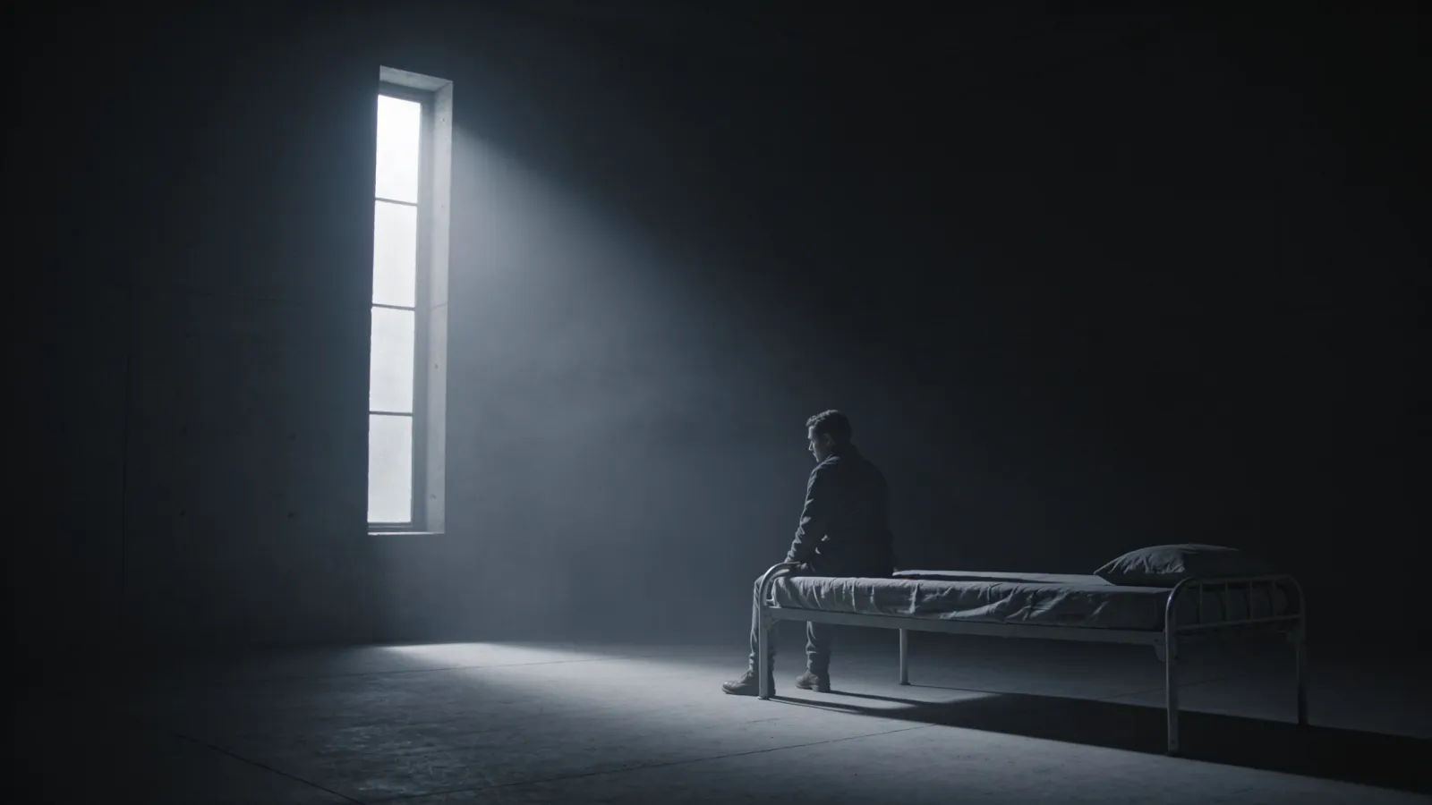 Lone figure in dark, empty room