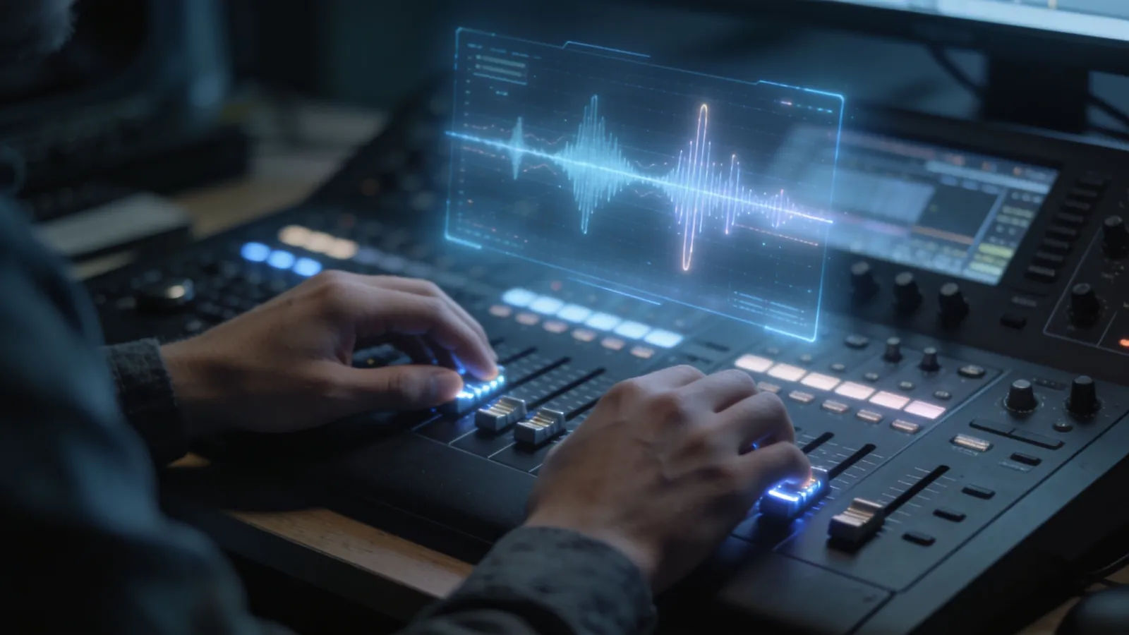 Hands at console with glowing audio interface