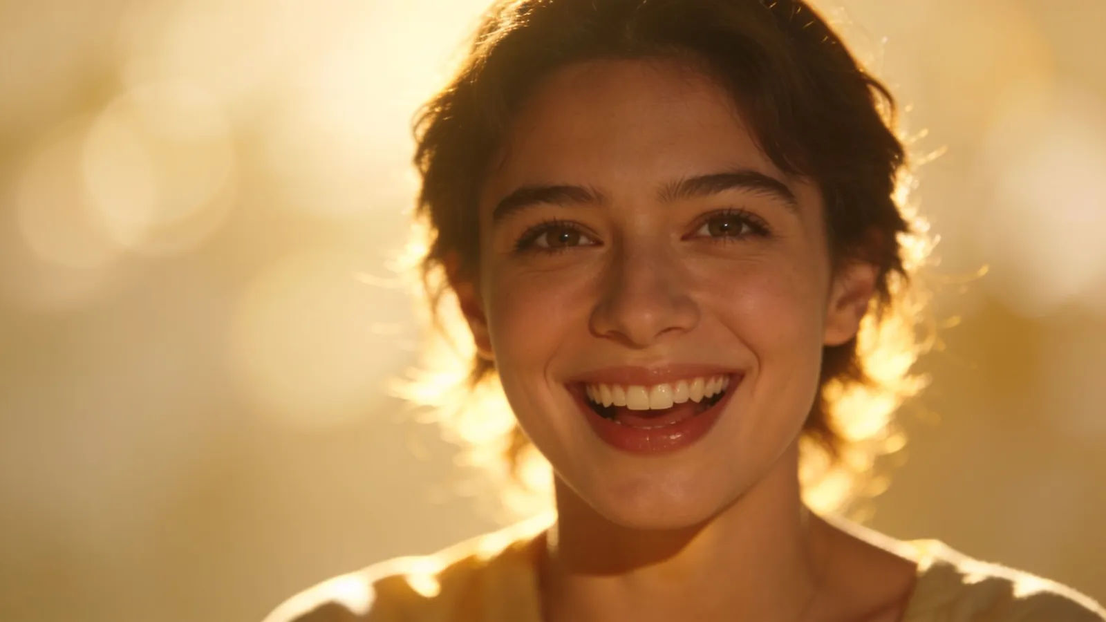 Cheerful smiling person in warm golden portrait