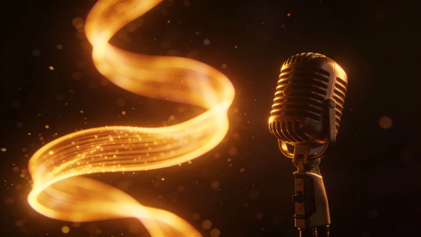 Warm glowing waveform beside studio microphone