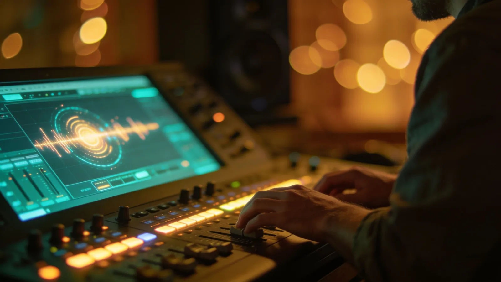 Creator hands at warm glowing audio console