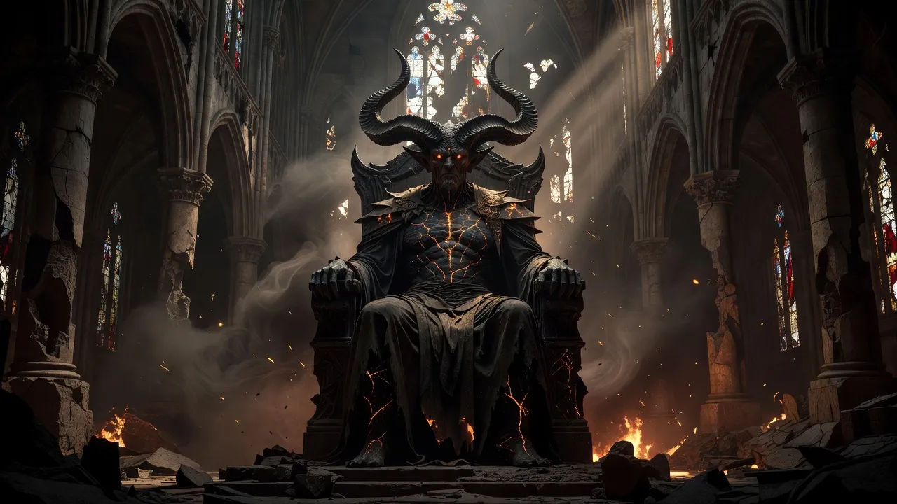 Ancient demon overlord enthroned in a ruined cathedral