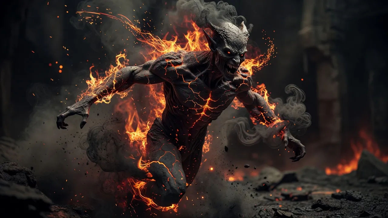 Crackling fire demon mid-motion
