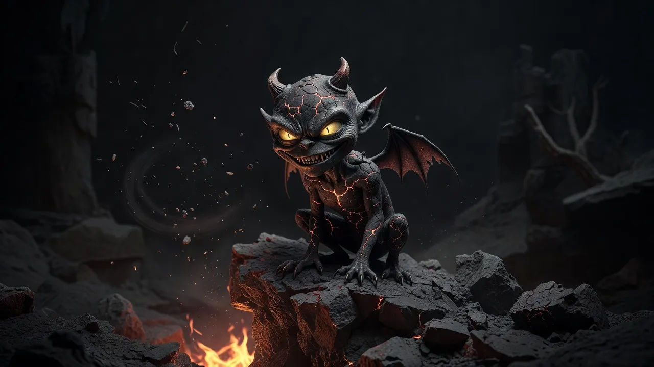 Small grinning demon imp perched on rocks