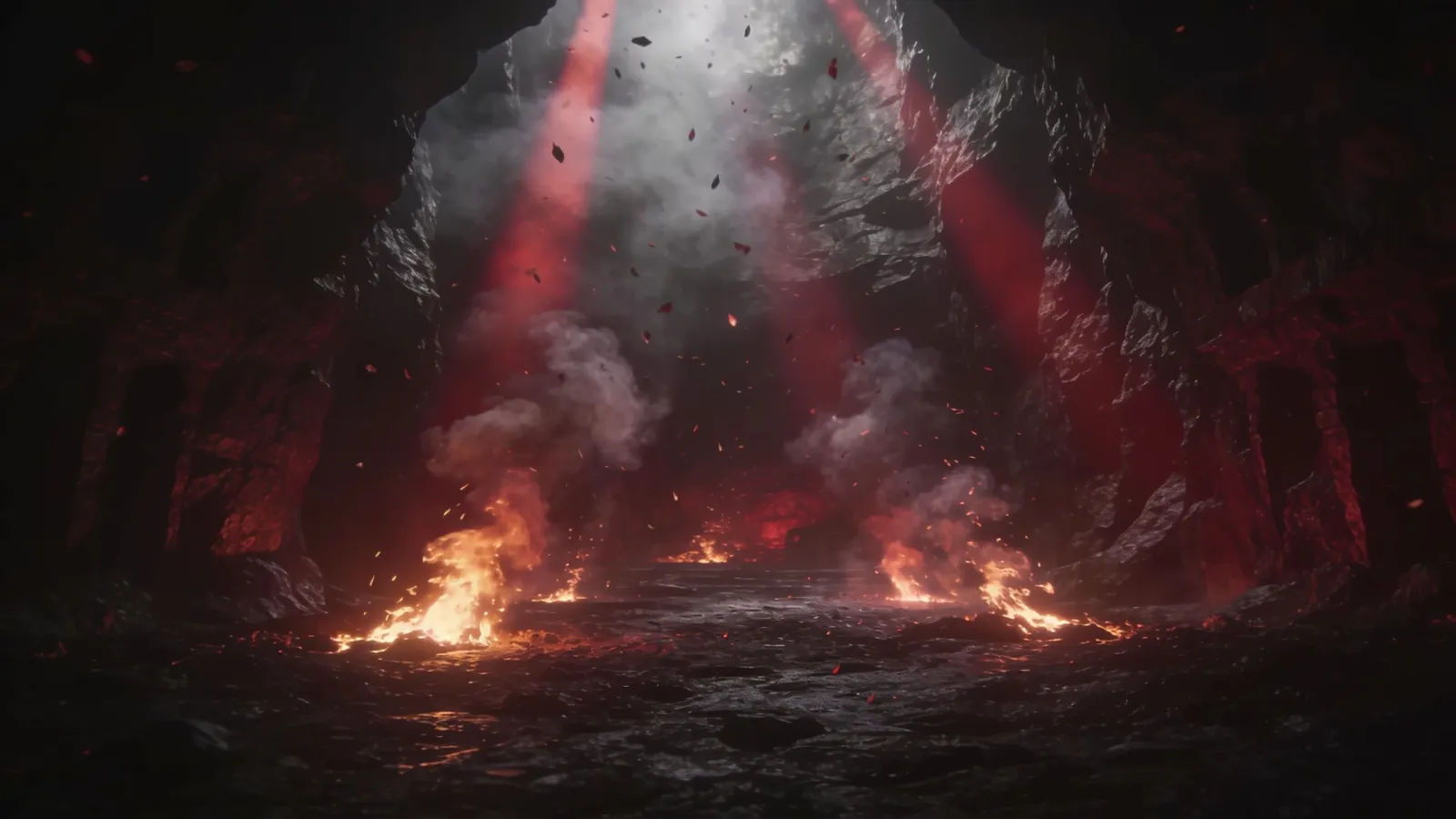 Dark cavern lit by embers and smoke
