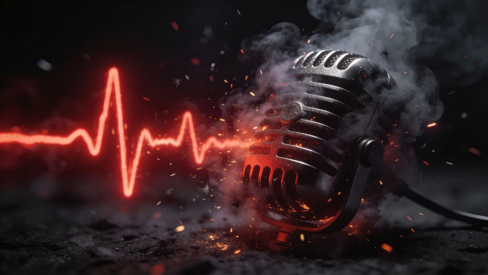 Smoke-wreathed microphone with jagged red waveform